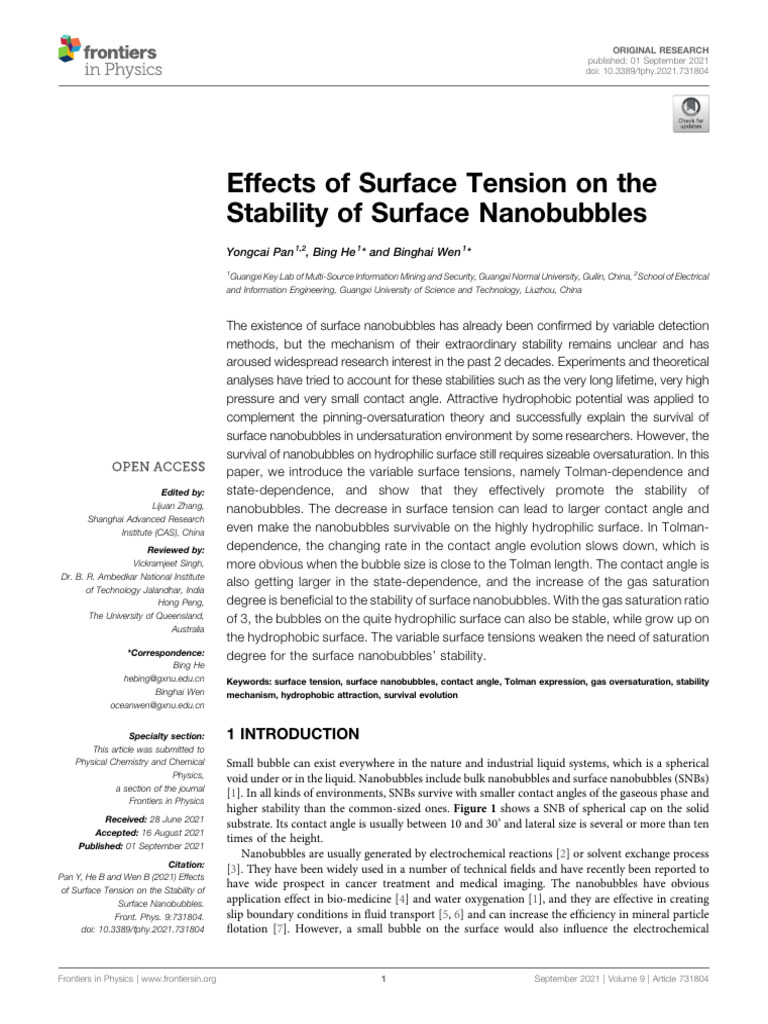 Effects of Surface Tension On The Stability of Surface Nanobubbles ...