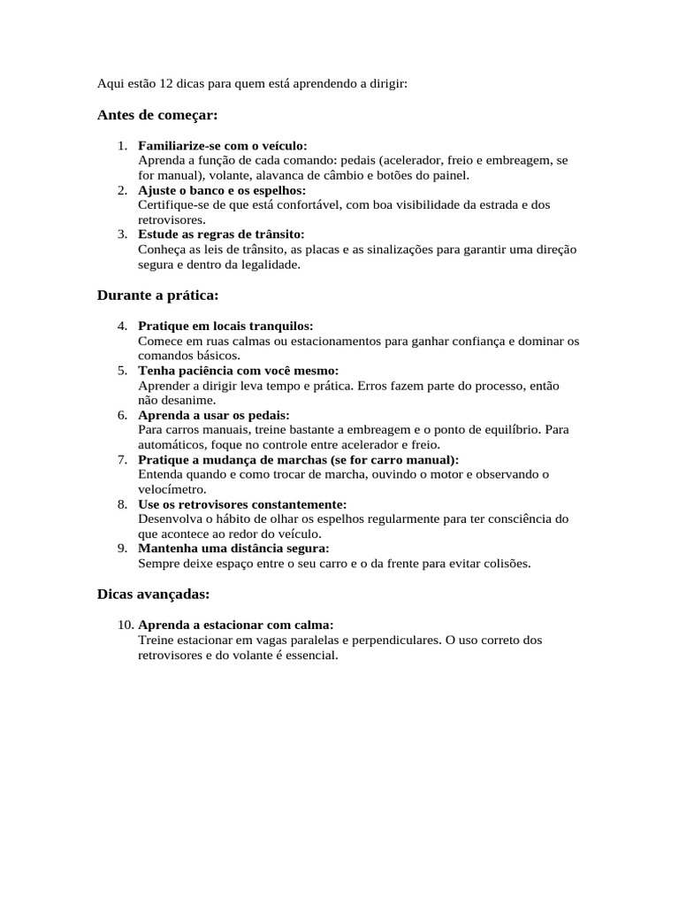 12 Dicas Essenciais para Aprender a Dirigir | PDF