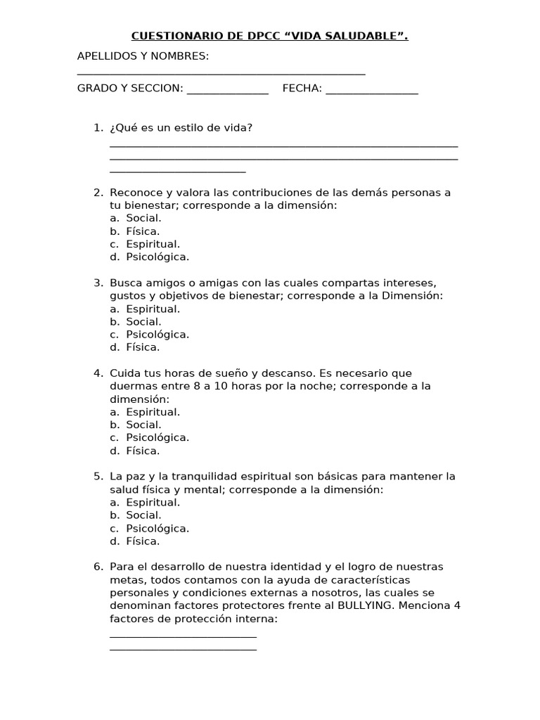 Cuestionario de Vida Saludable | PDF | Liderazgo | Bienestar