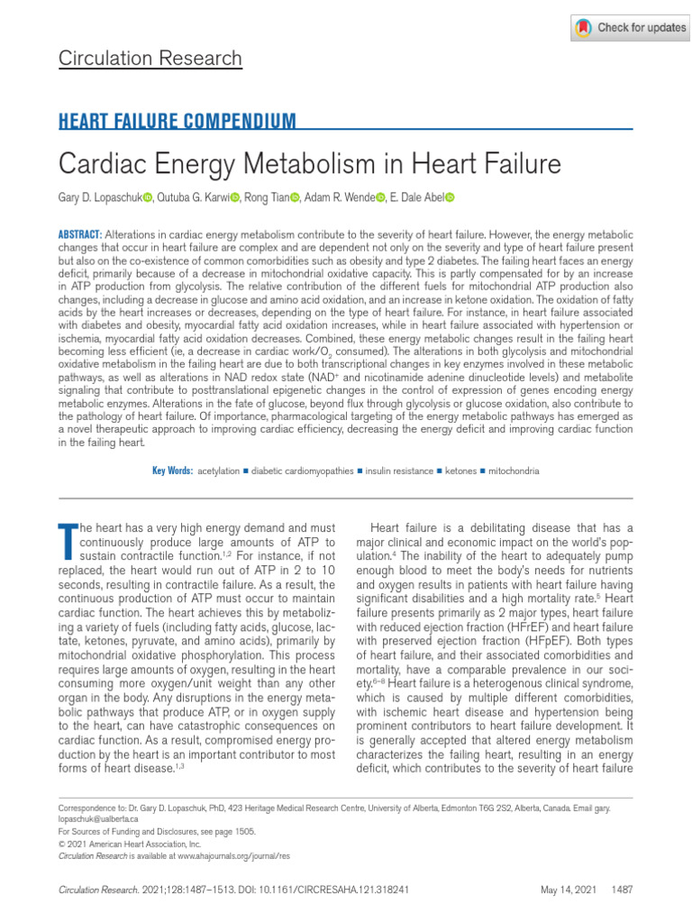 Lopaschuk Et Al 2021 Cardiac Energy Metabolism in Heart Failure | PDF ...