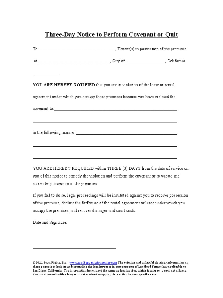 3-Day Notice to Perform or Quit California | PDF | Eviction | Leasehold ...