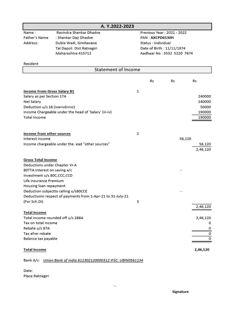 Income Statement for Ravindra Dhadve 2022 | PDF | Financial Services ...