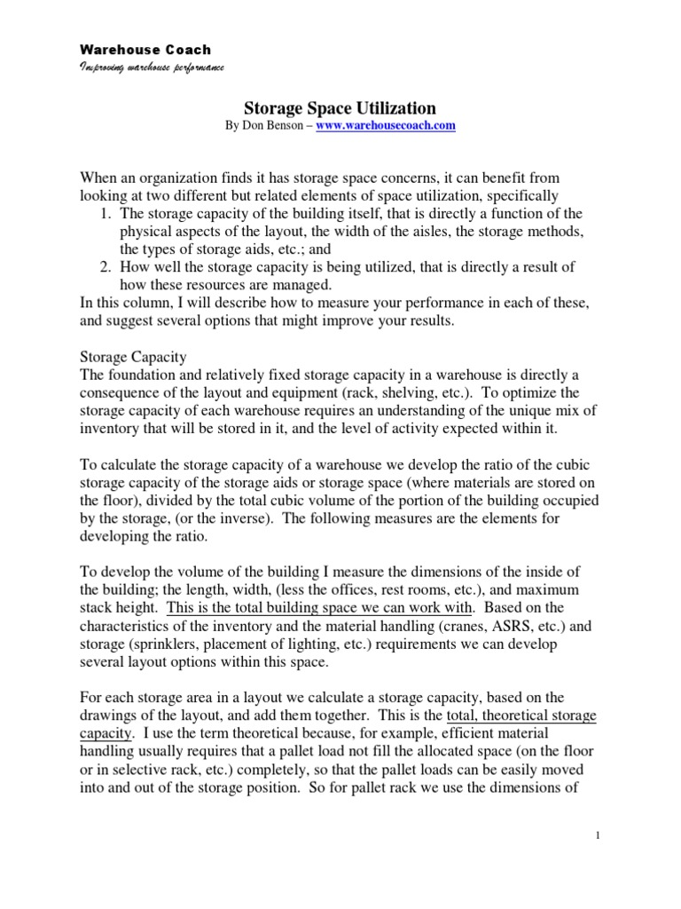 Storage Space Utilization PDF Warehouse Volume