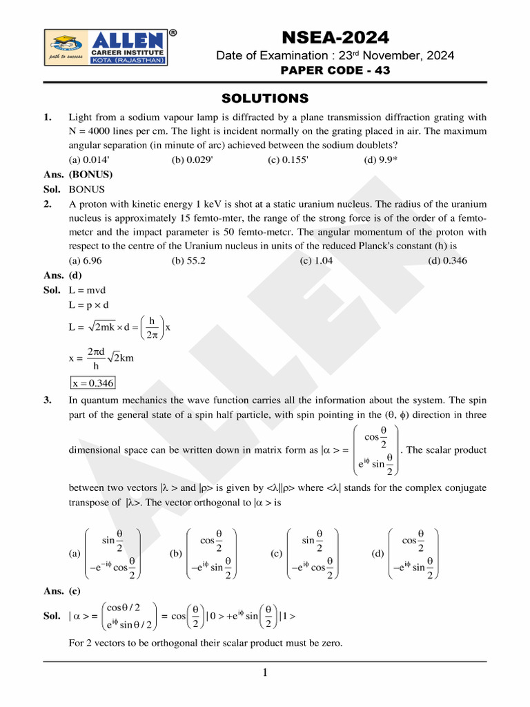 NSEA 2024 Answer Key Solutions | PDF