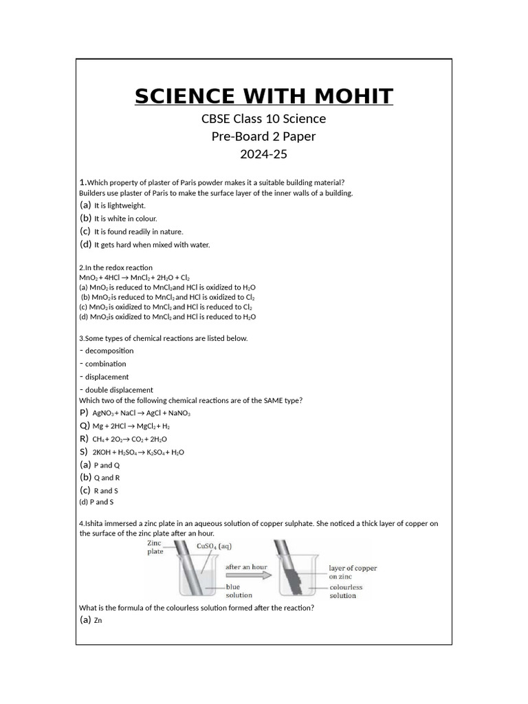 CBSE Class 10 Science Pre-Board 2 Paper | PDF | Acid | Hydrocarbons