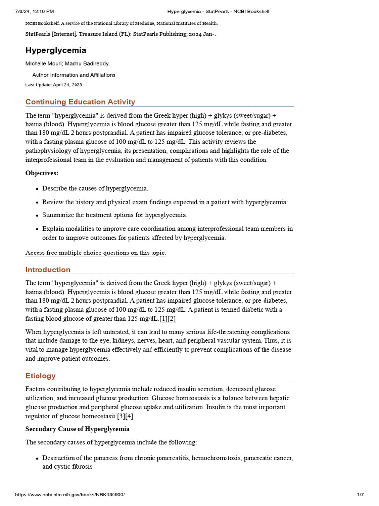 Hyperglycemia - StatPearls - NCBI Bookshelf | PDF | Hyperglycemia ...