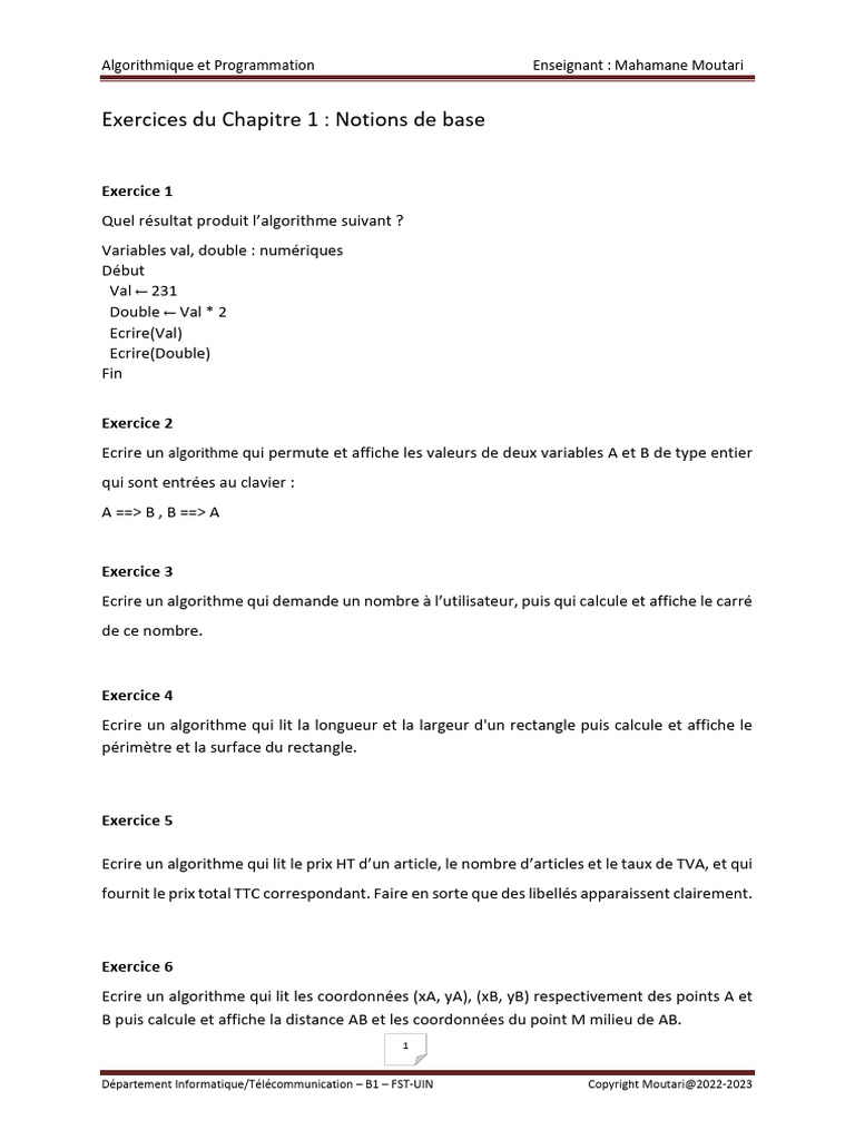 Exercices d'algorithmique de base | PDF | Arithmétique | Mathématiques