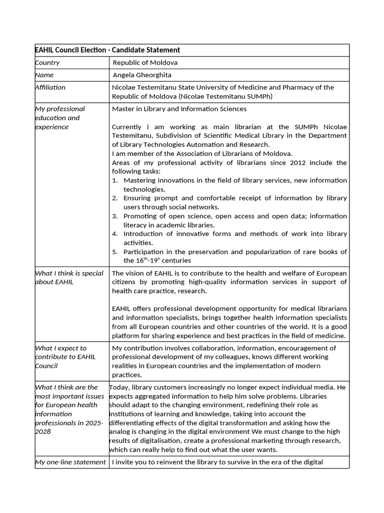 Angela Gheorghita's EAHIL Candidate Statement | PDF | Libraries | Librarian