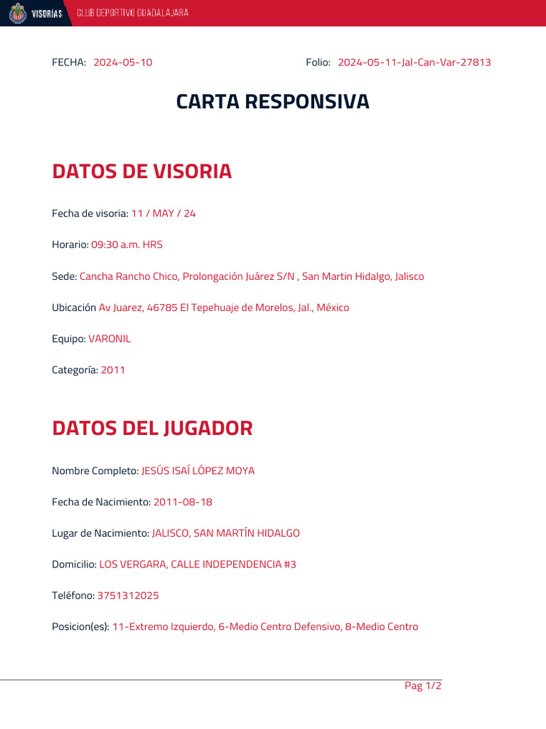 Carta Responsiva Visoría Fútbol | PDF