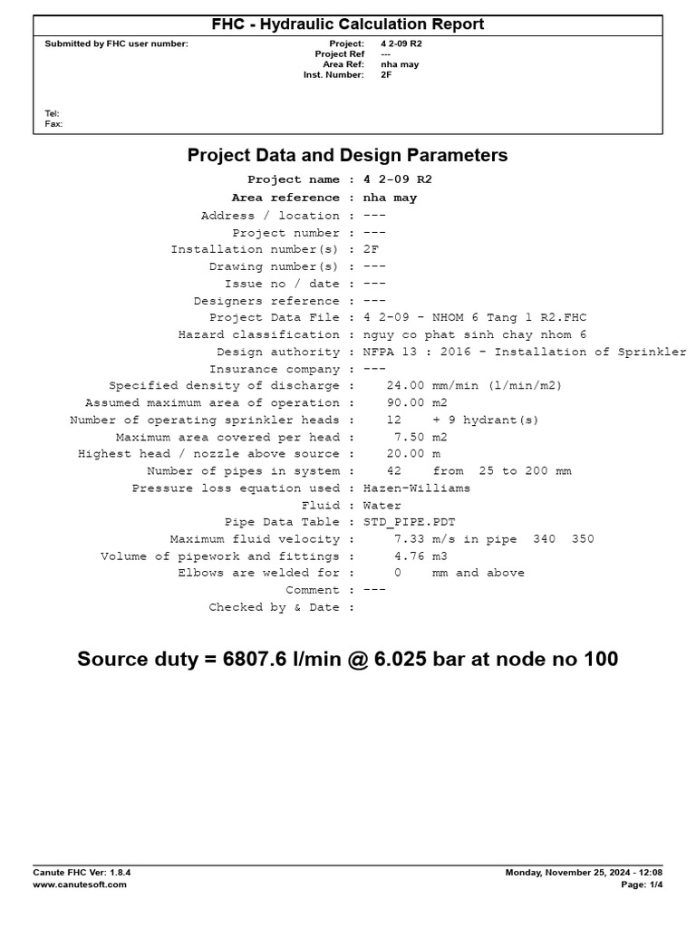 Project data and design parameters source duty 6807 6 l min at 6 025