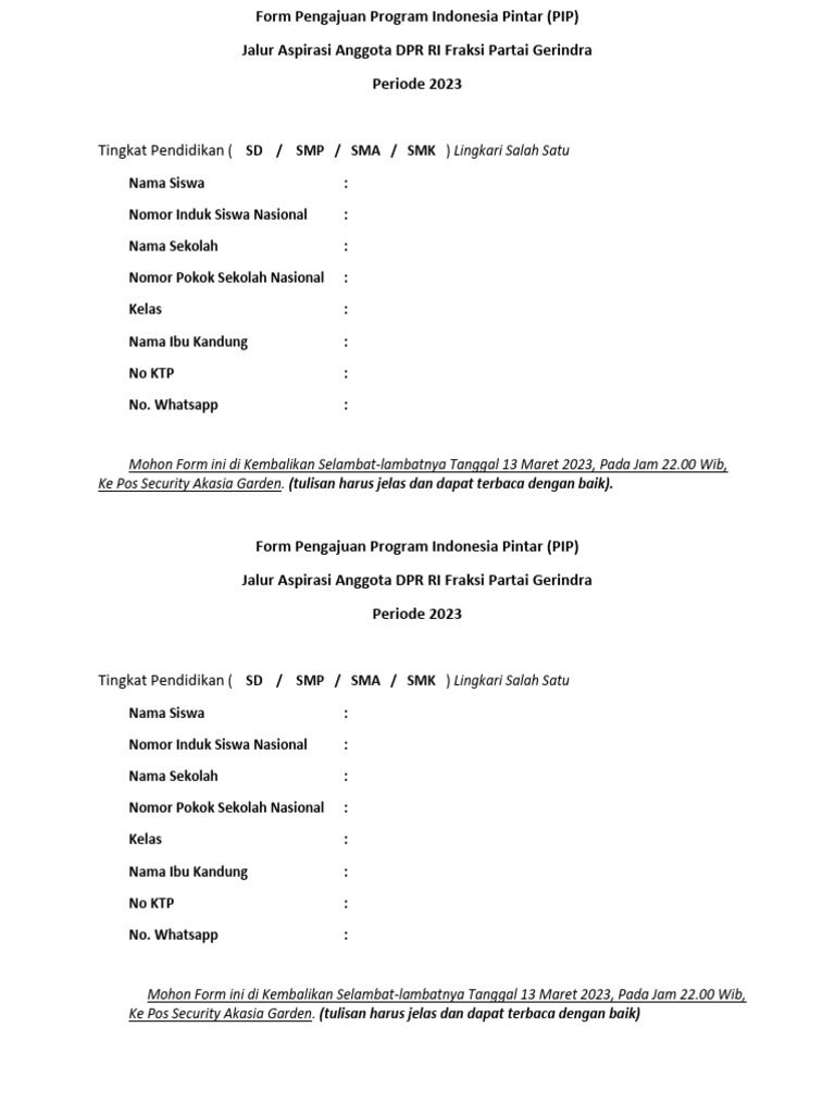 Form pengajuan program indonesia pintar pdf