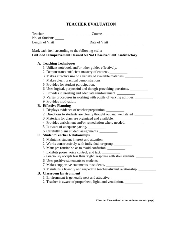 Teacher Evaluation Form Template | PDF | Teachers | Cognitive Science