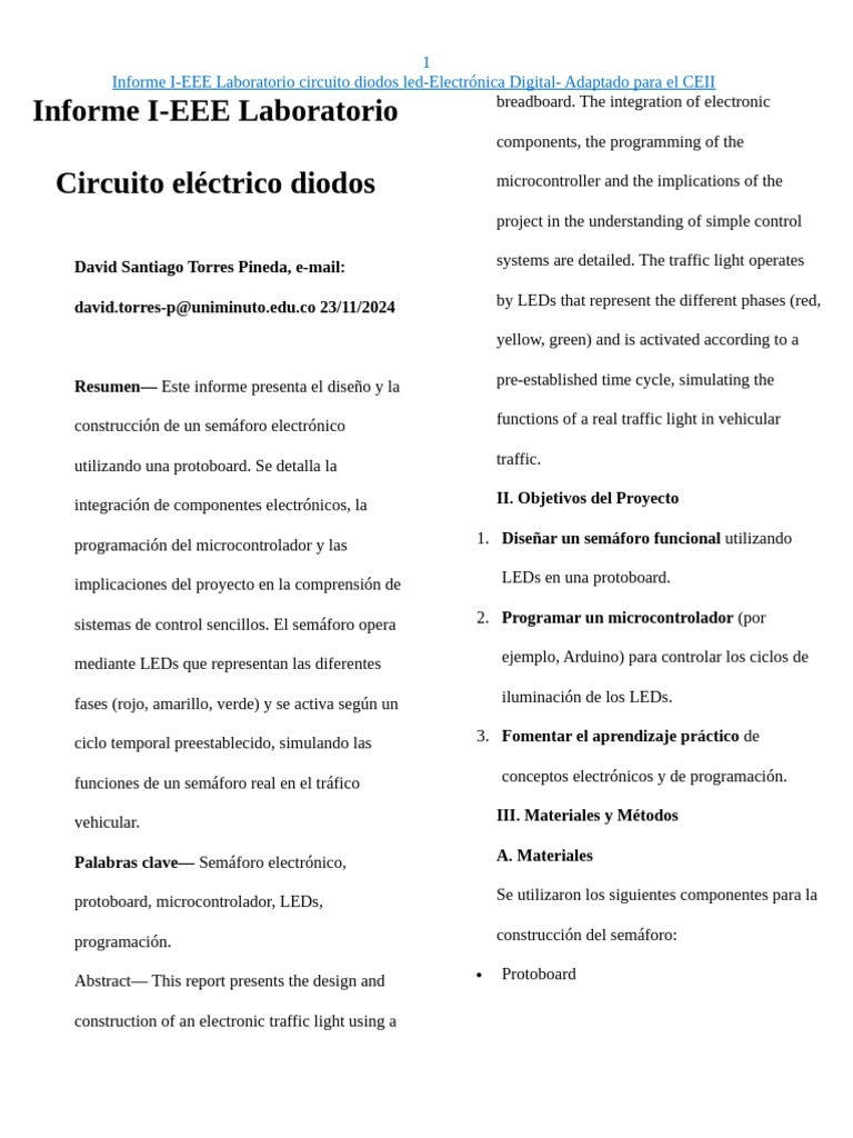 Informe IEEE Semaforo David S Torres P | PDF | Diodo emisor de luz ...