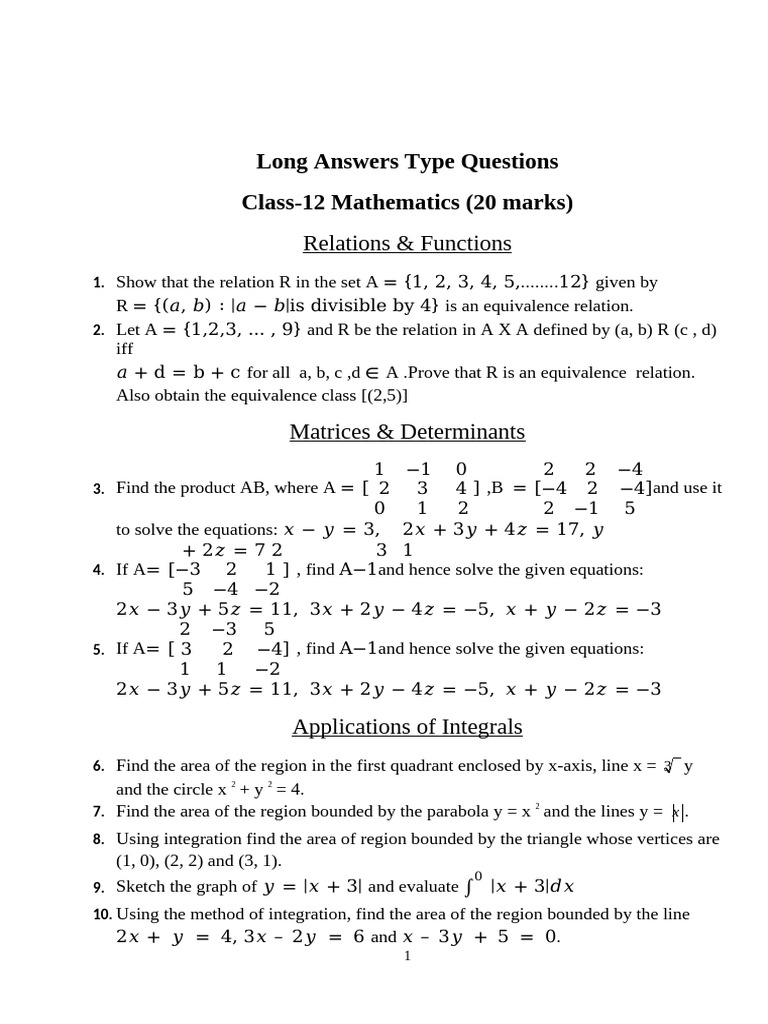 Class 12 Mathematics Exam Questions | PDF | Line (Geometry) | Function ...