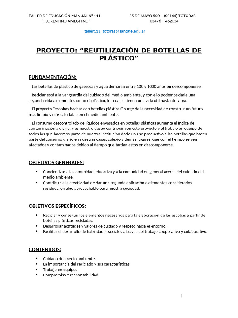 Proyecto de Reciclaje de Botellas Plásticas | PDF | Reciclaje | El plastico