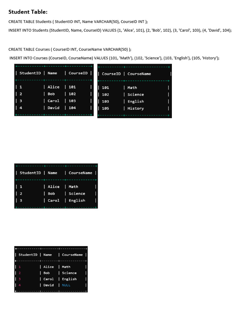 SQL Joins: Students and Courses Example | PDF