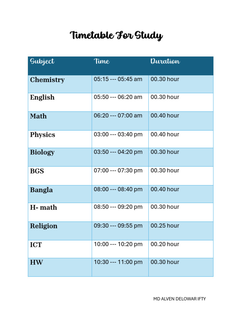 Study Timetable for MD Alven Ifty | PDF