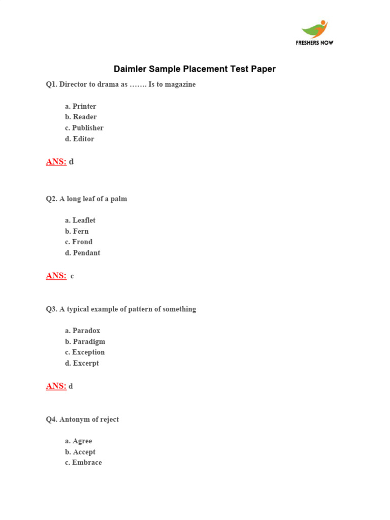 Daimler Sample Placement Test Paper | PDF