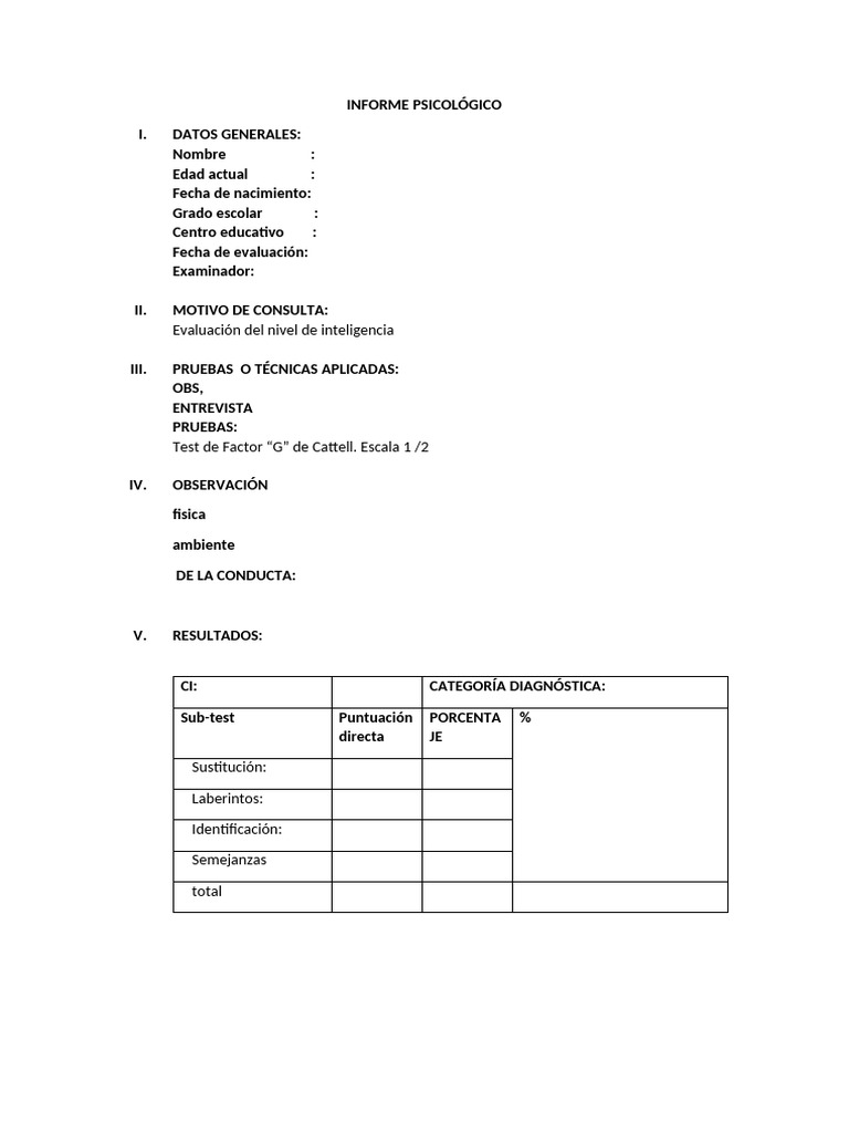 Informe de Evaluación de Inteligencia Infantil | PDF | Cociente de ...