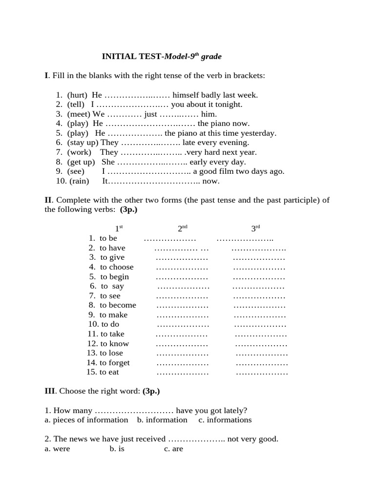 9th Grade English Verb Tense Test | PDF | Linguistic Typology ...