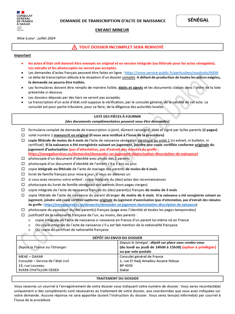 Demande de transcription acte de naissance | PDF | Certificat de naissance