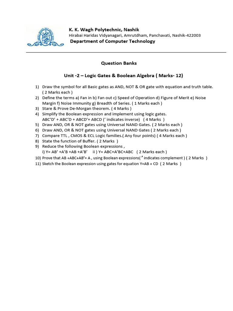 Logic Gates & Boolean Algebra Questions | PDF