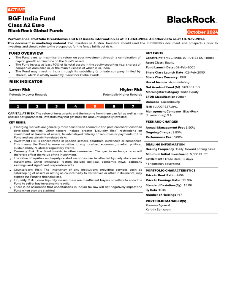 BGF India Fund Class A2 Eur Factsheet Lu0248271941 at en Individual ...