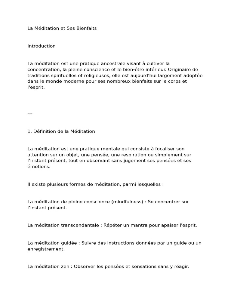 Bienfaits de la Méditation PDF Méditation Pleine conscience — free download