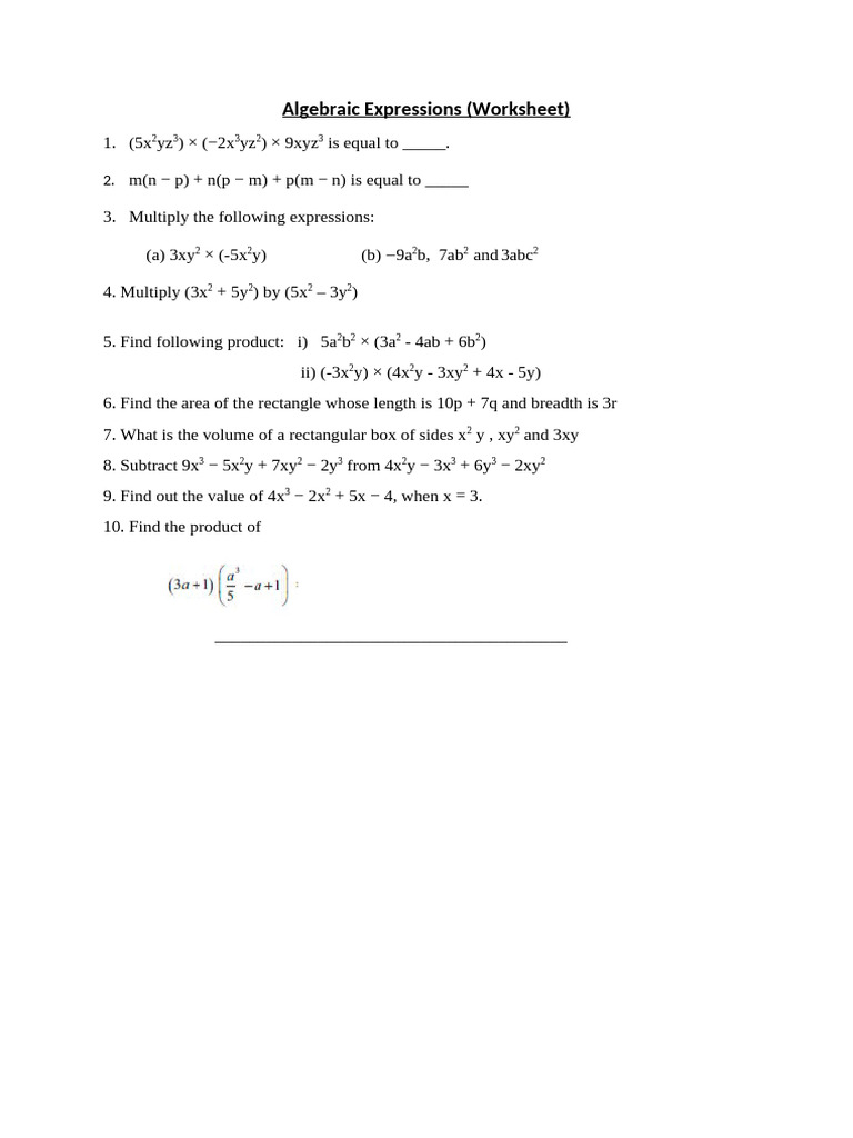 Algebraic Expressions (Worksheet) | PDF
