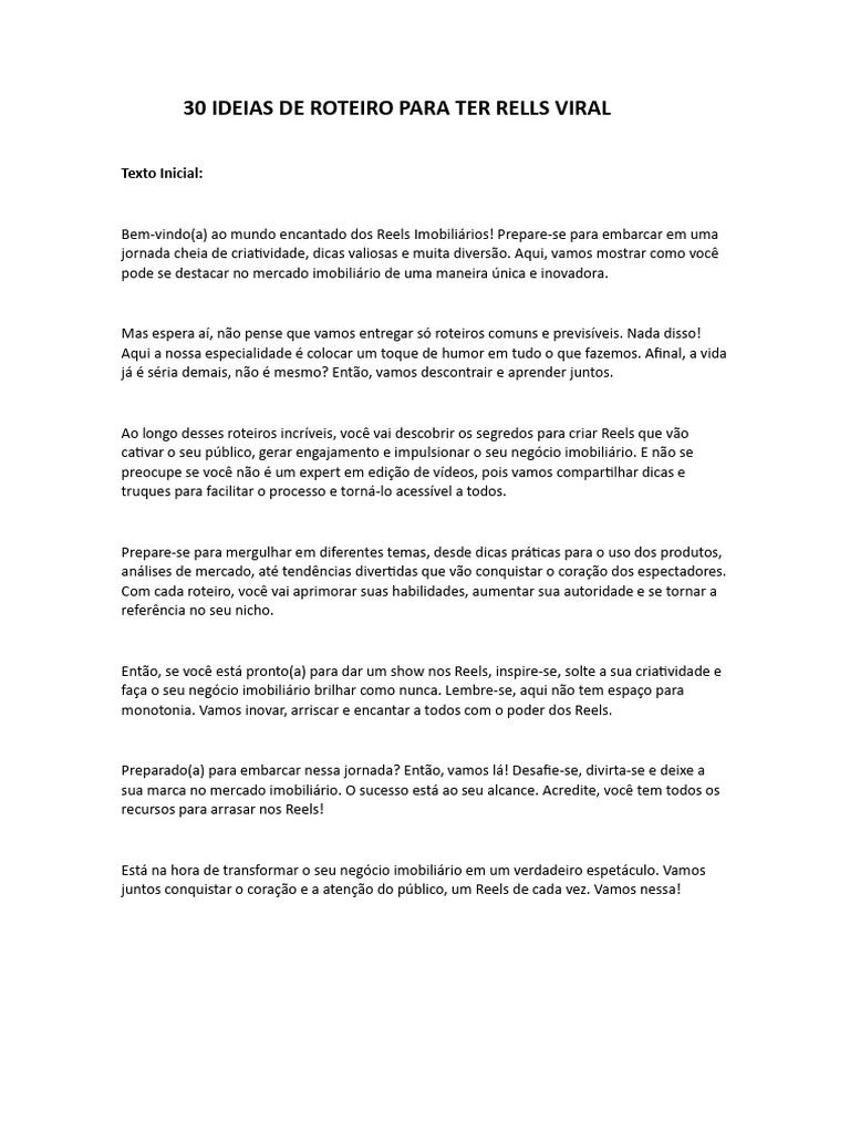 30 Ideias de Roteiro para Ter Rells Viral | PDF | Qualidade (negócios ...