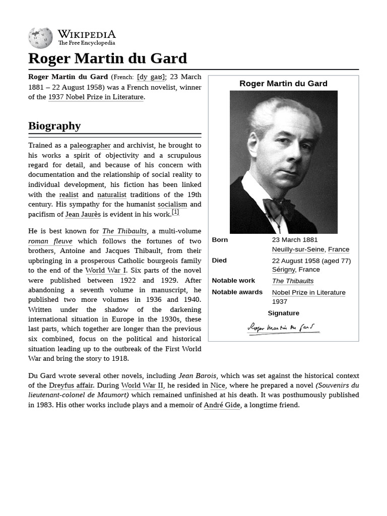 Roger Martin Du Gard | PDF | Nobel Prize