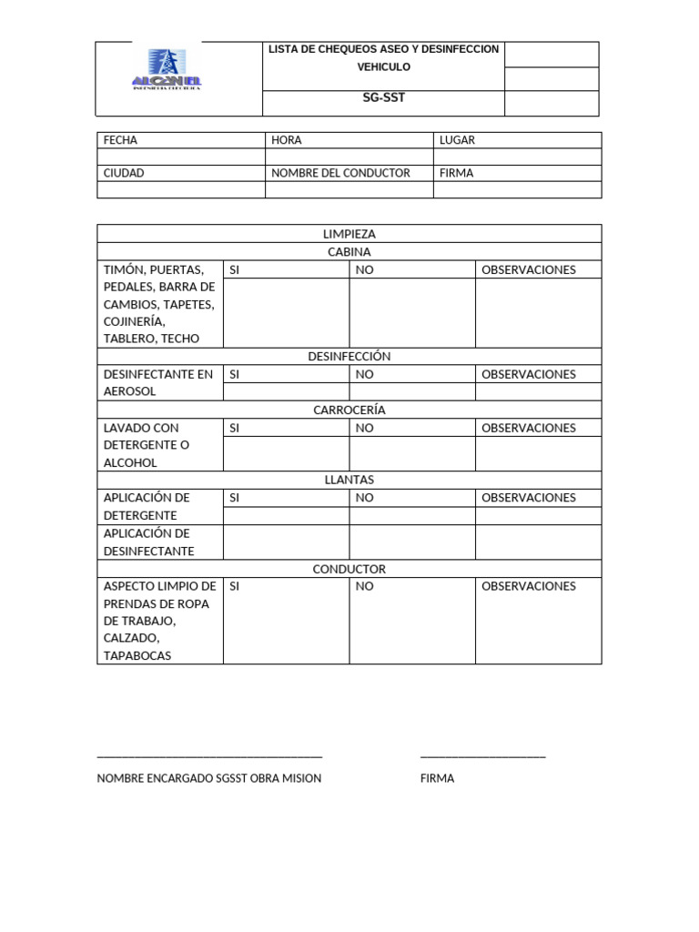 Chequeo de Aseo y Desinfección Vehicular | PDF