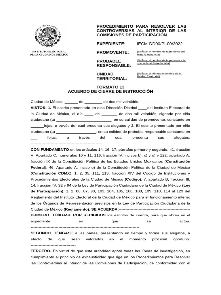 Anexo 4 - FORMATO 13 ACUERDO DE CIERRE DE INSTRUCCIÓN CONTROVERSIAS AL ...
