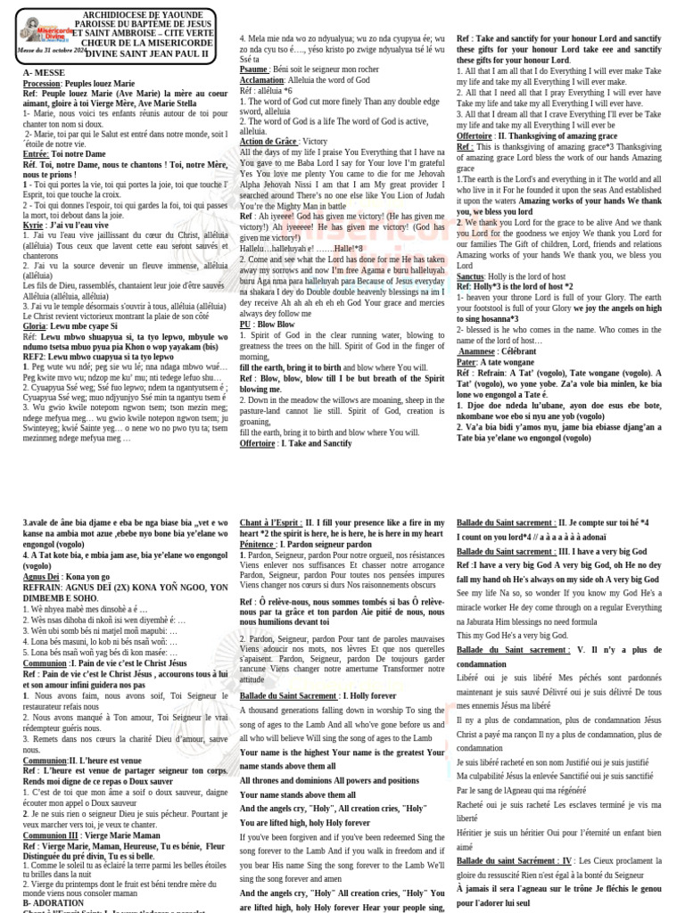Messe de louange du 31 octobre 2024 | PDF | Eucharistie | Liturgie et ...