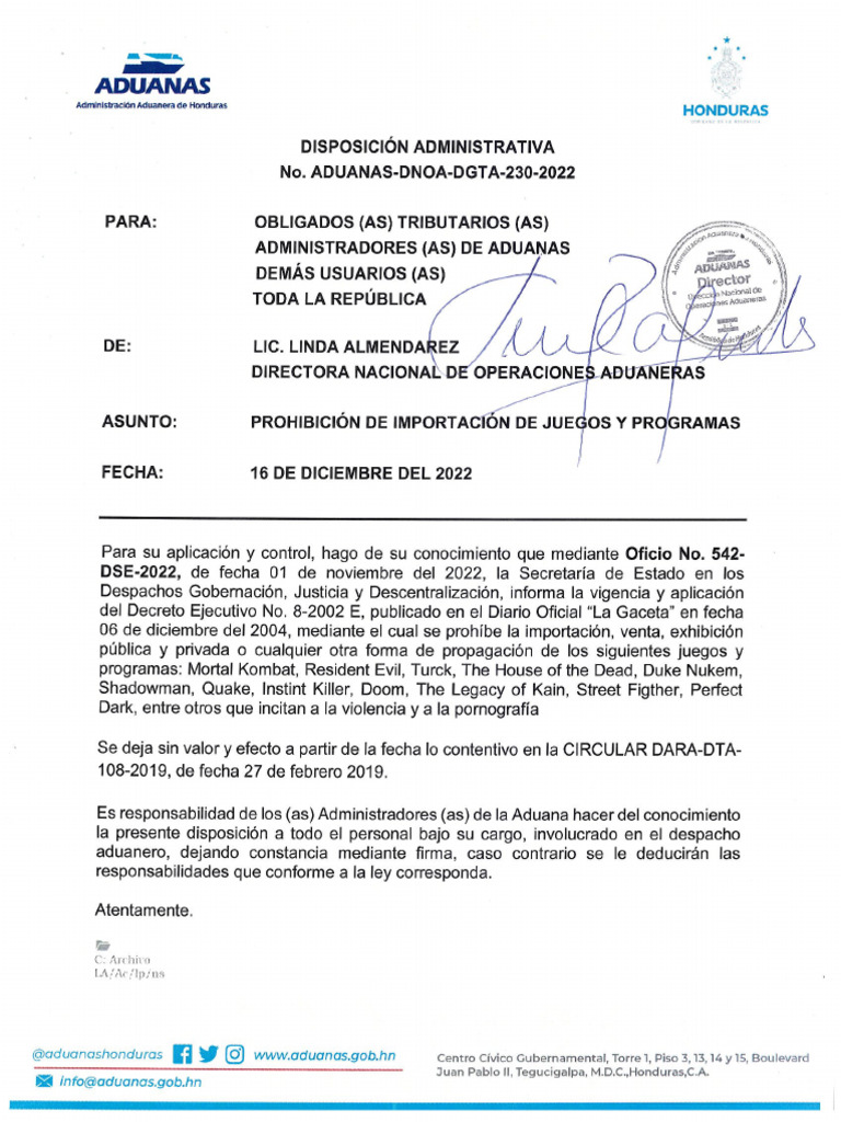 Aduanas Dnoa Dgta 230 2022 | PDF