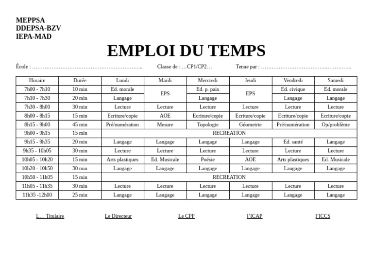 Emploi du Temps CP 2025-2026 | PDF