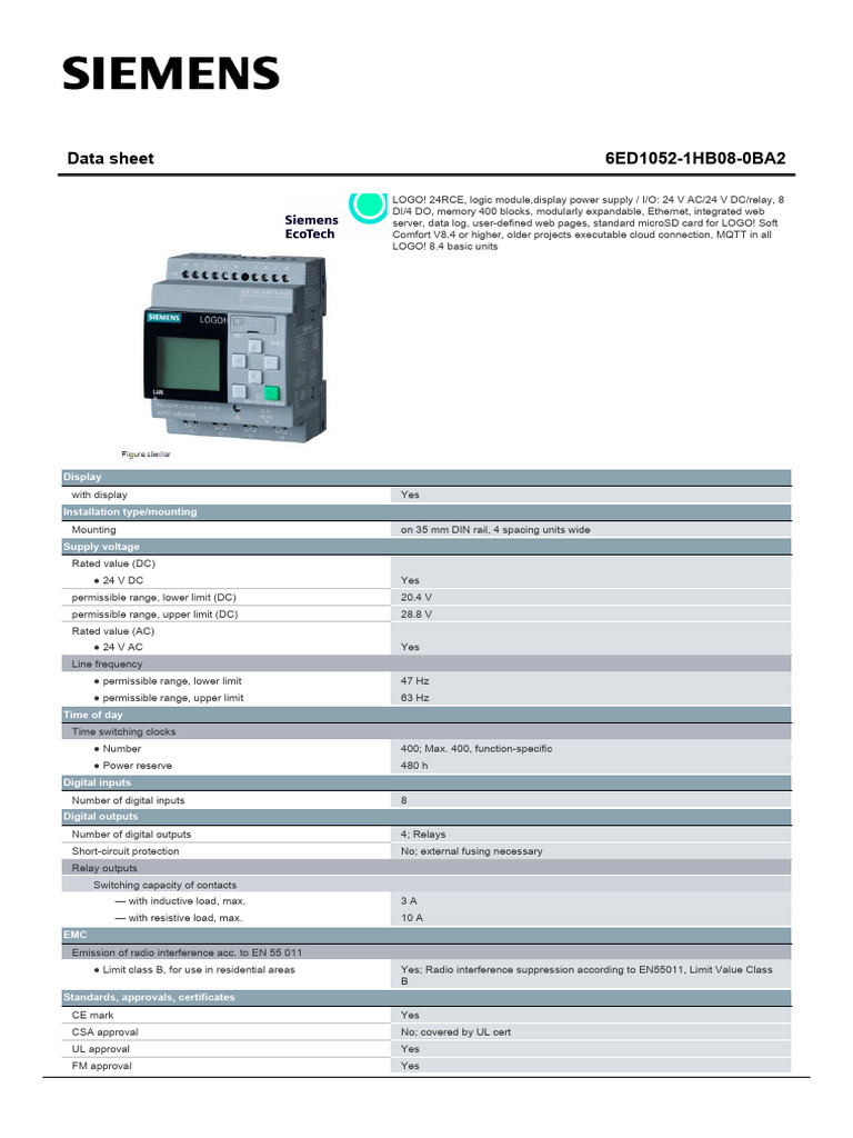 LOGO! 24RCE Logic Module Datasheet | PDF | Relay | Alternating Current