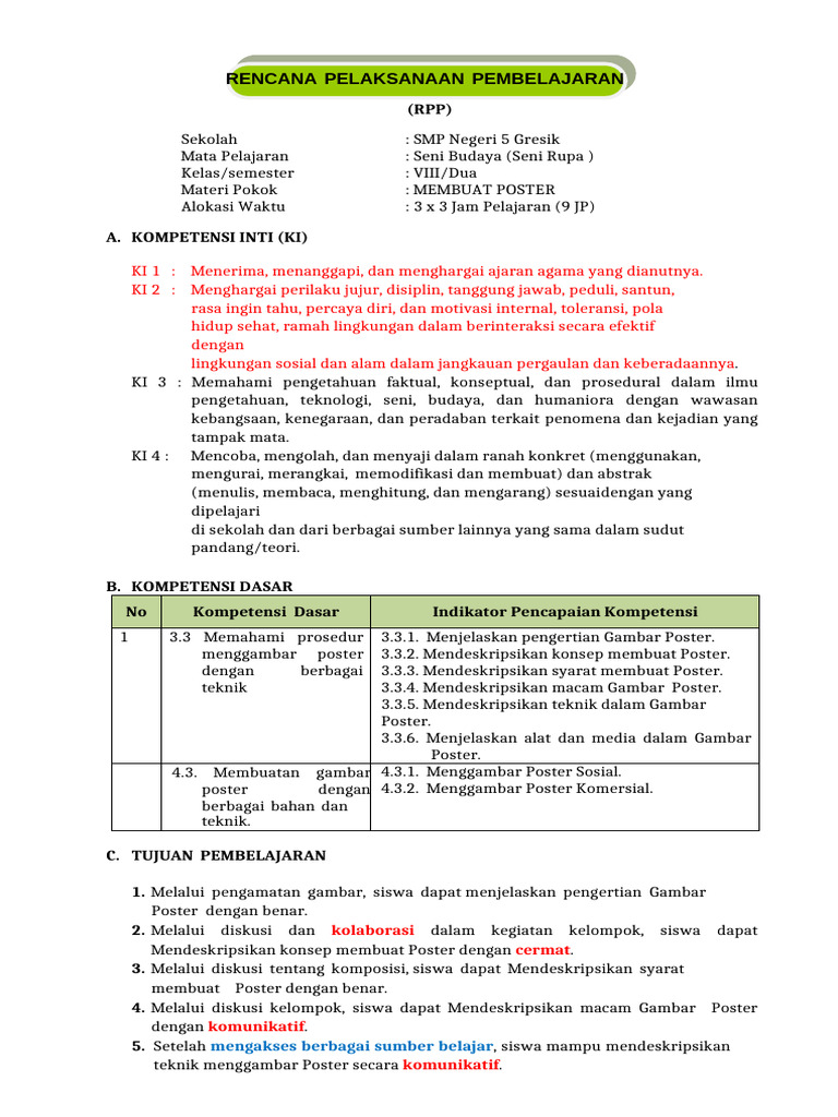 RPP Pembelajaran Menggambar Poster | PDF