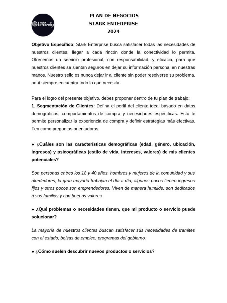 Plan de Negocios Stark Enterprise 2024 | PDF | Plan de negocios | Cliente