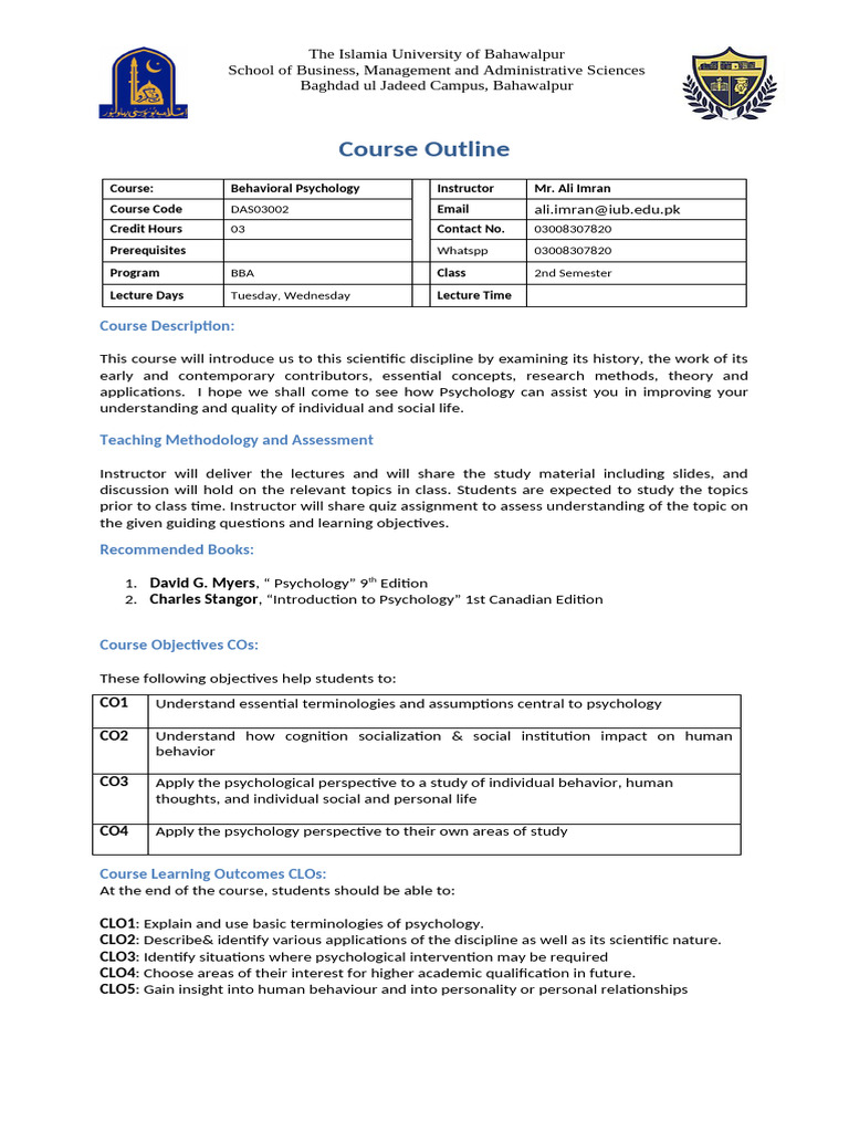 Course Outline Behavioral Psychology Pdf Thought Psychology