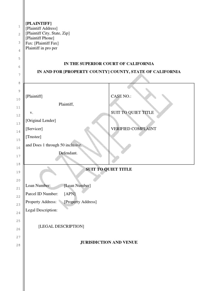 Sample California Quiet Title Complaint With Voc Deed Of Trust (Real