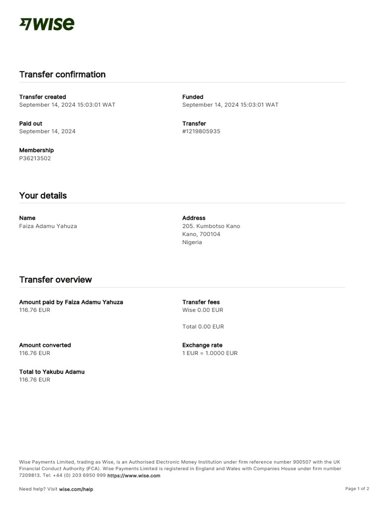 Wise Transfer Confirmation Document | PDF | Wire Transfer | Money