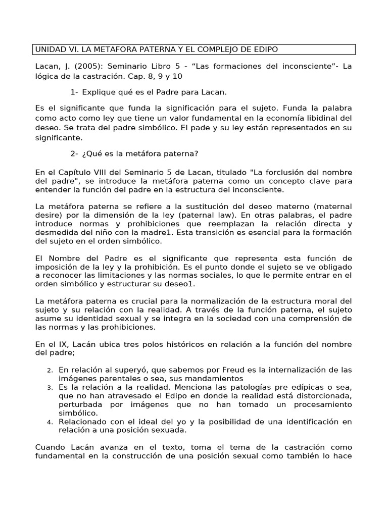 UNIDAD VI. Metafora Paterna | PDF | Jacques Lacan | Complejo de Edipo