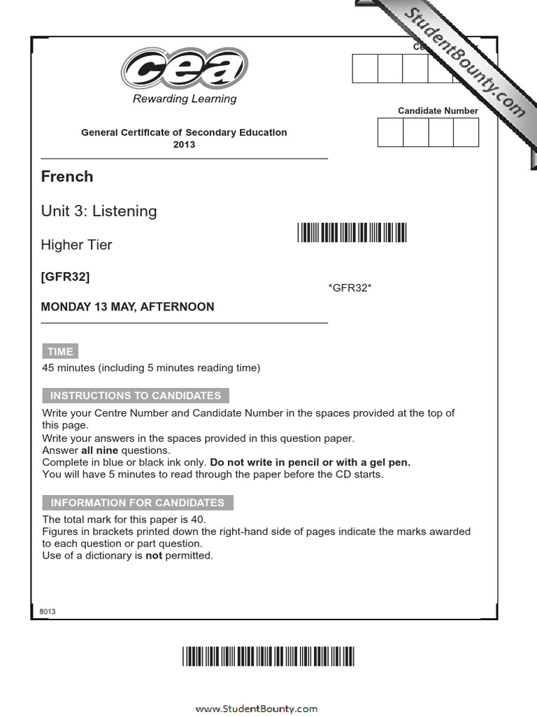 Gcse fre revised past papers mark schemes standard mayjune series 2013