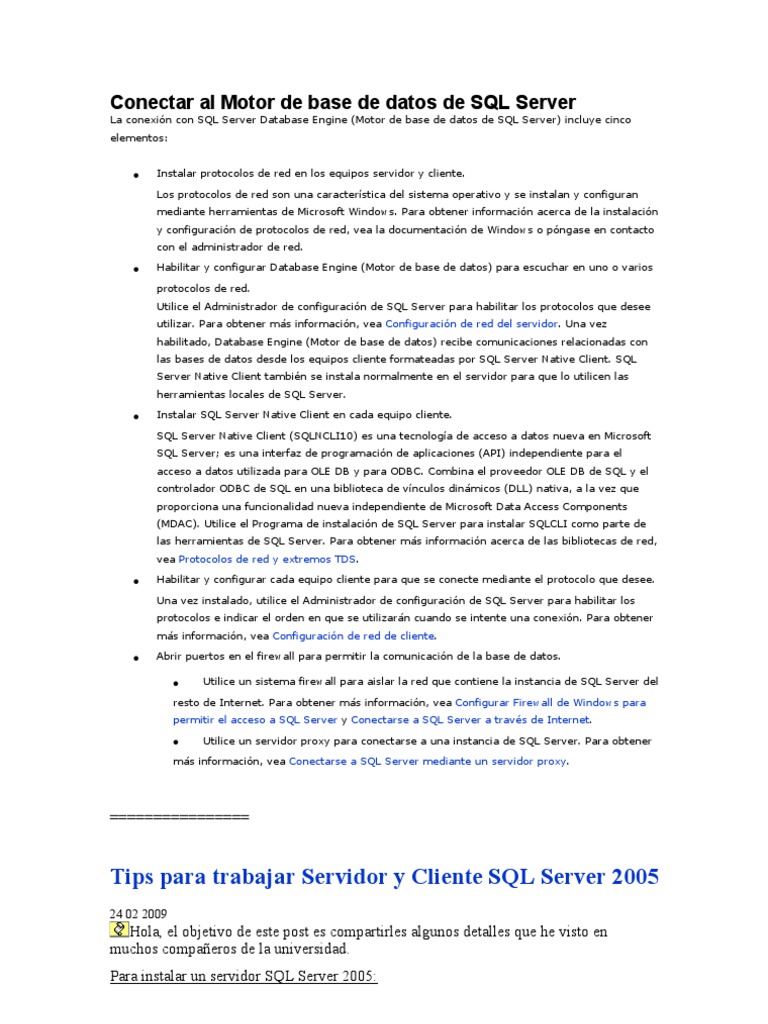 Conexión al Motor de SQL Server | PDF | Servidor SQL de Microsoft ...
