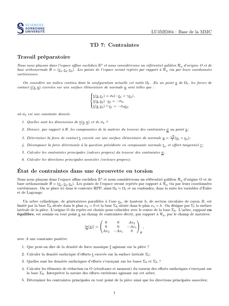 Contraintes en mécanique des matériaux | PDF | Coordonnées cartésiennes ...