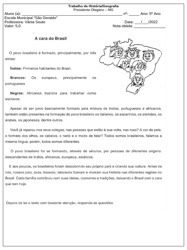 Trabalho de História e Geografia 5º Ano | PDF