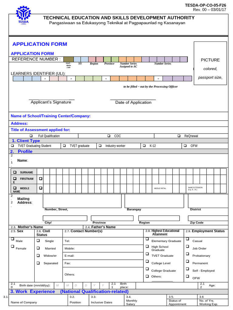 TESDA Application Form for Assessment | PDF
