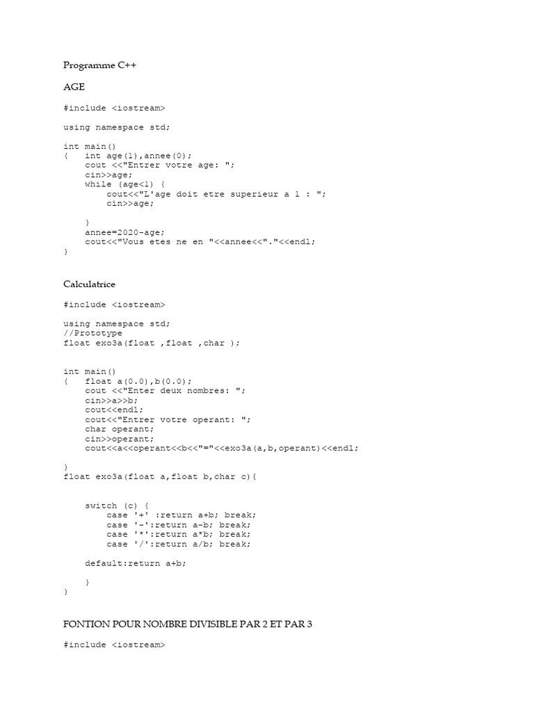 Programme C++ : Calculs et Fonctions | PDF | C ++ | Programmation ...