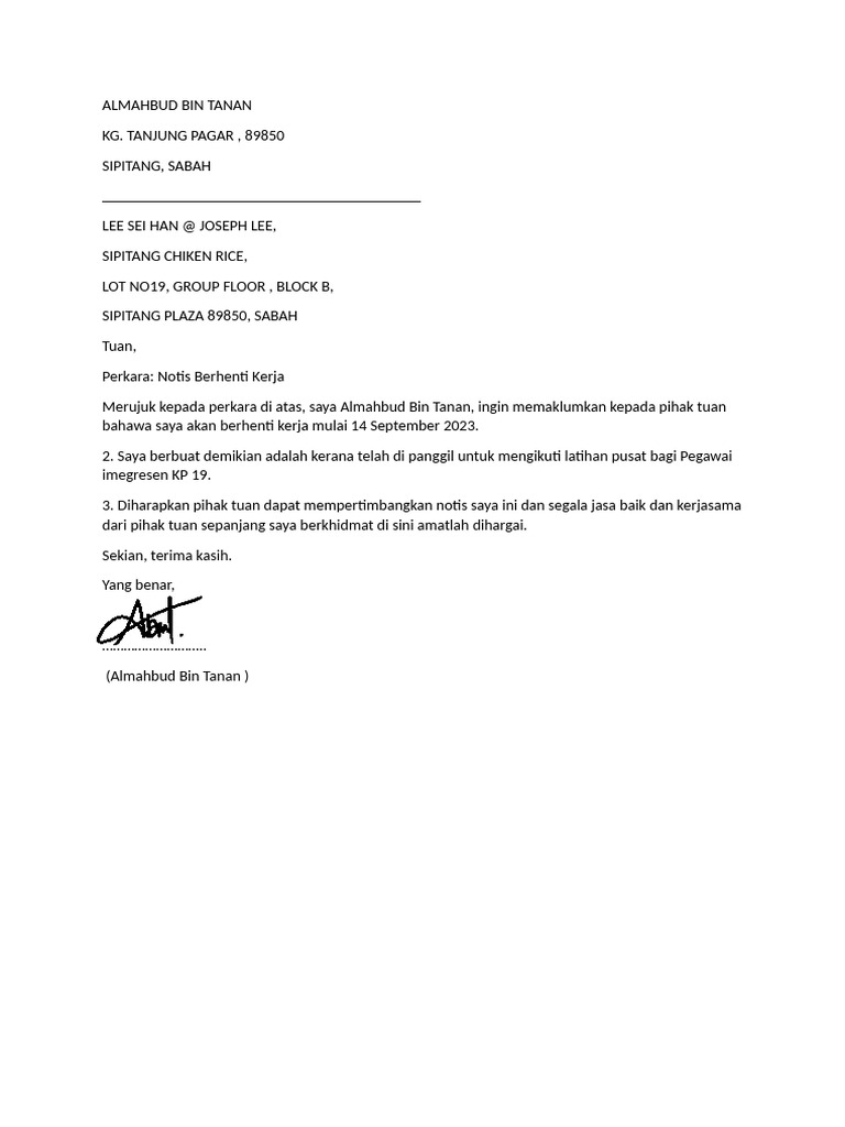 Notis Berhenti Kerja Pdf